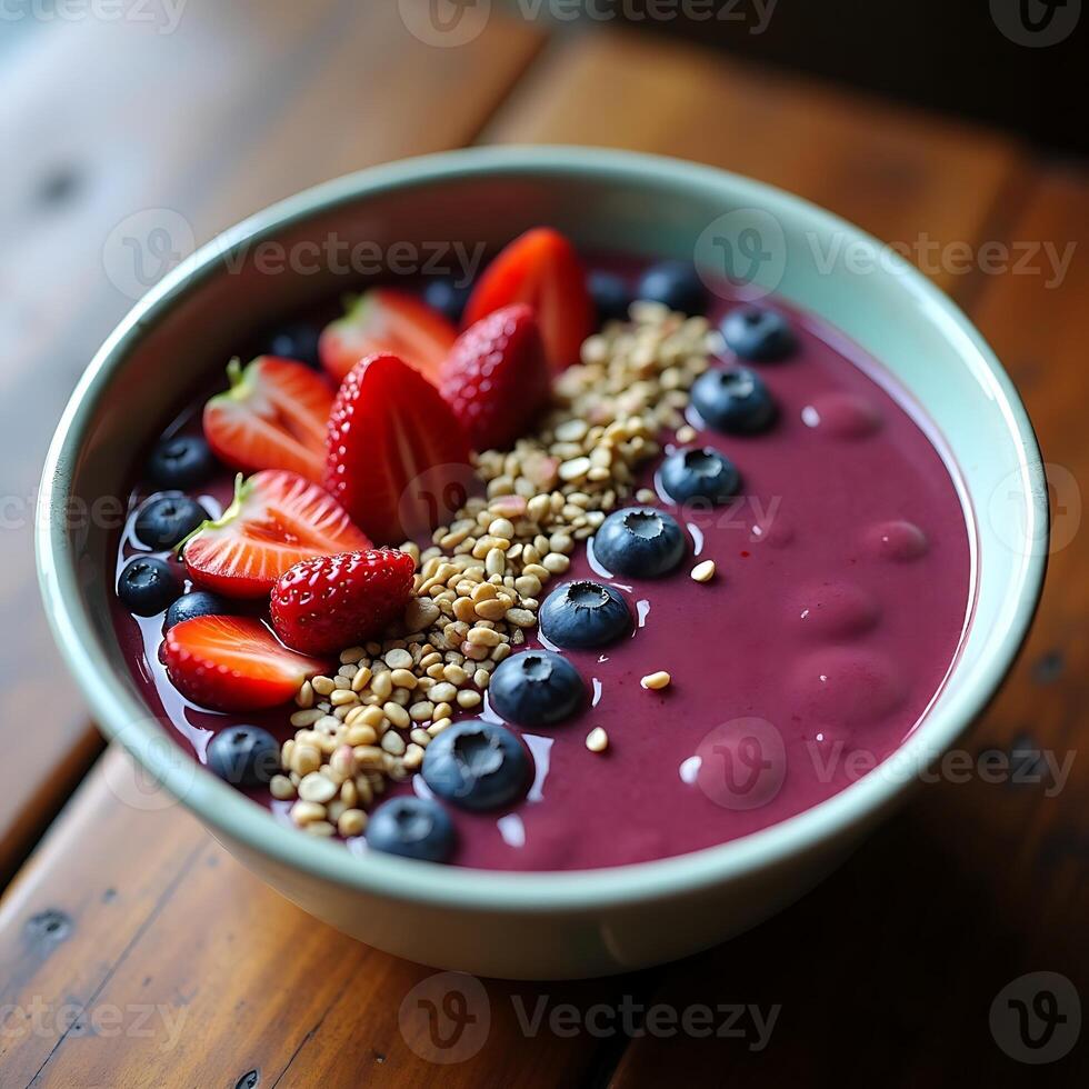 Eating Healthy Smoothie Bowl with Berries and Seeds Close Up photo