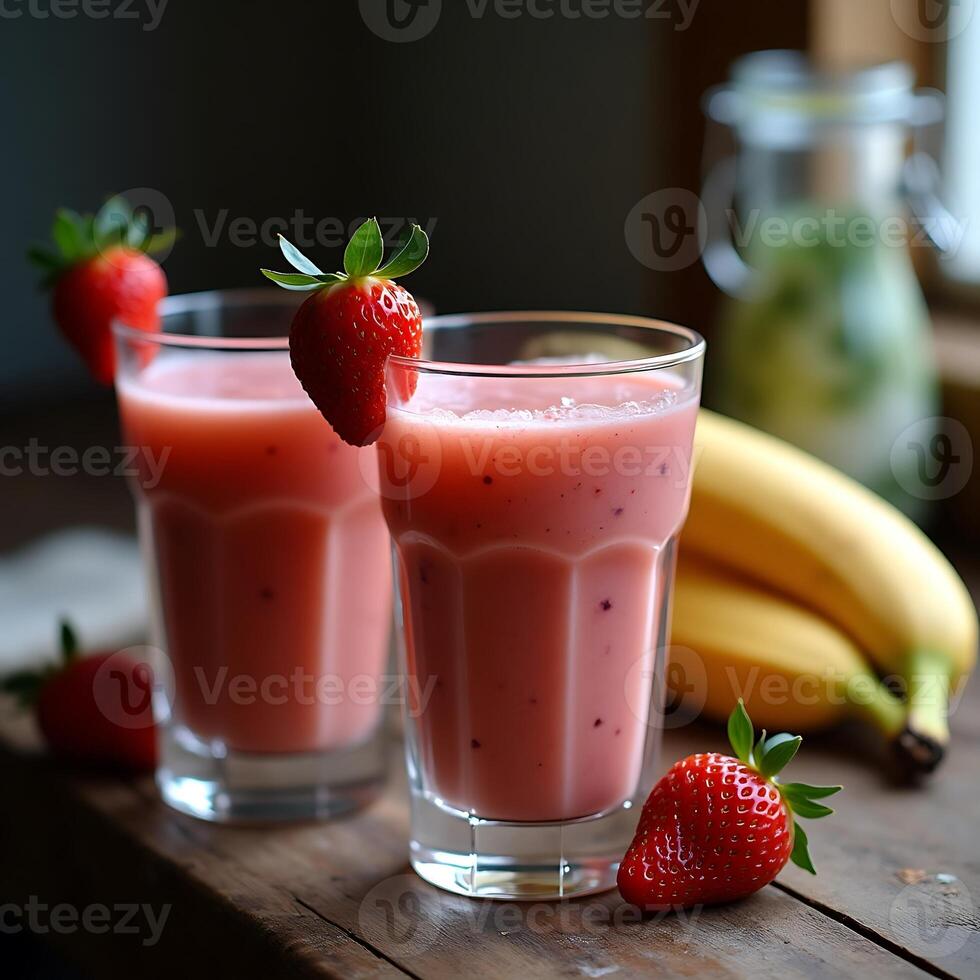 Strawberry Banana Smoothie Refreshment Served in Glasses photo