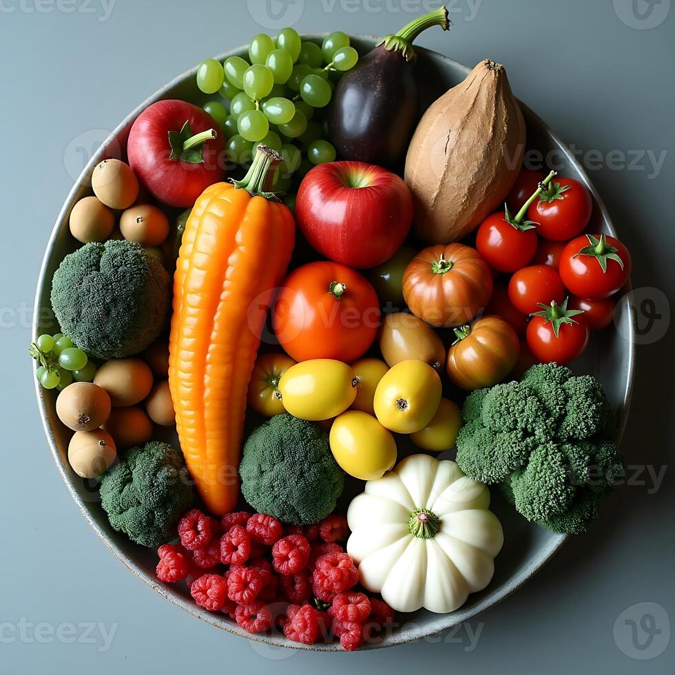 Fresh Fruits and Vegetables Displayed on a Round Plate photo