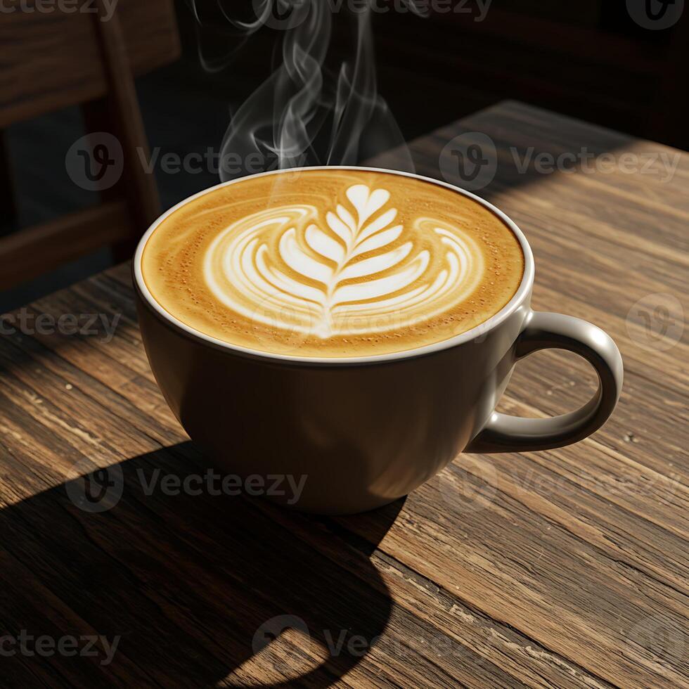 Enjoying Hot Coffee Drink with Latte Art on Wooden Table photo