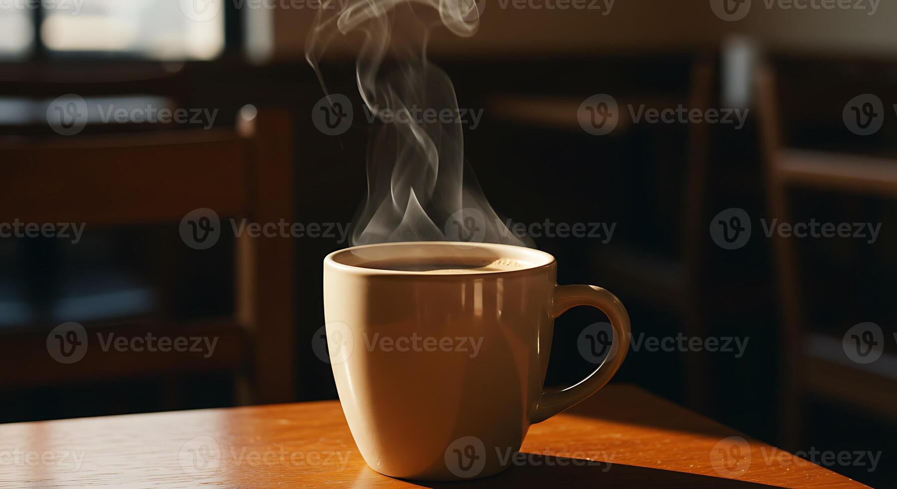 Steaming Coffee Cup on Table in Warm Cafe Light photo