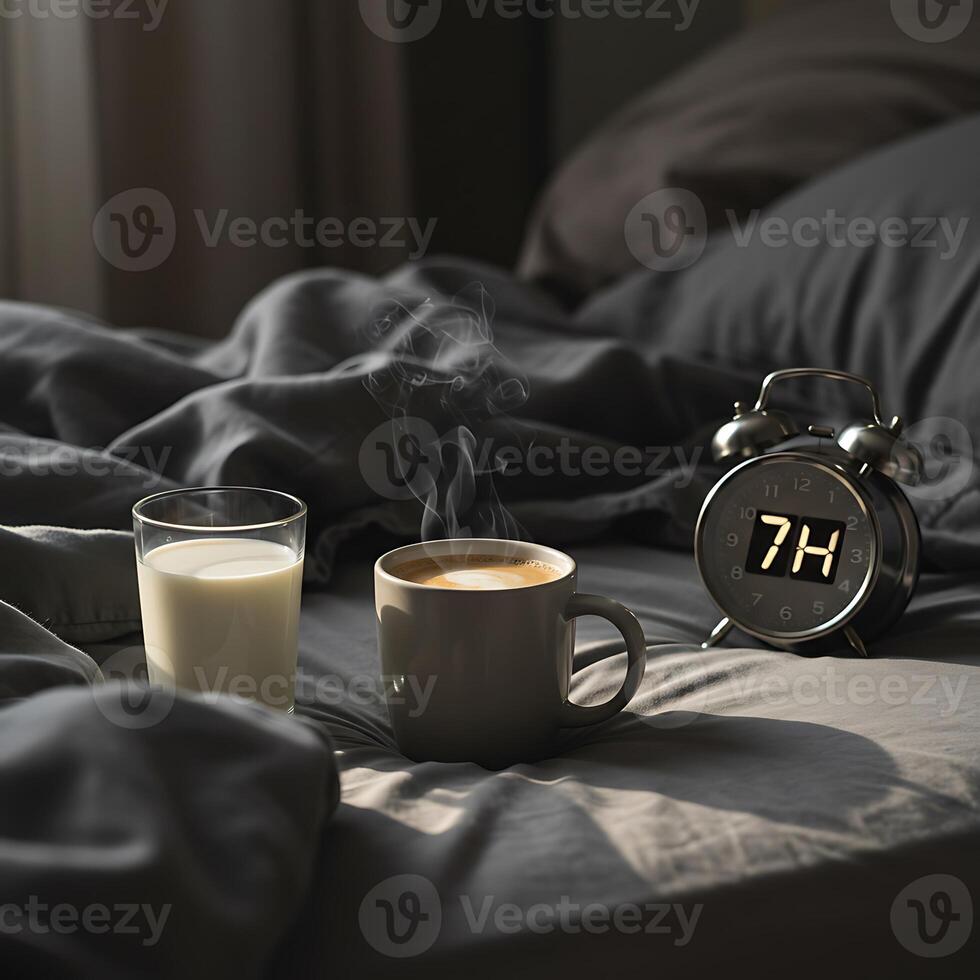 Coffee and Milk on Bed with Alarm Clock Showing Seven Am photo