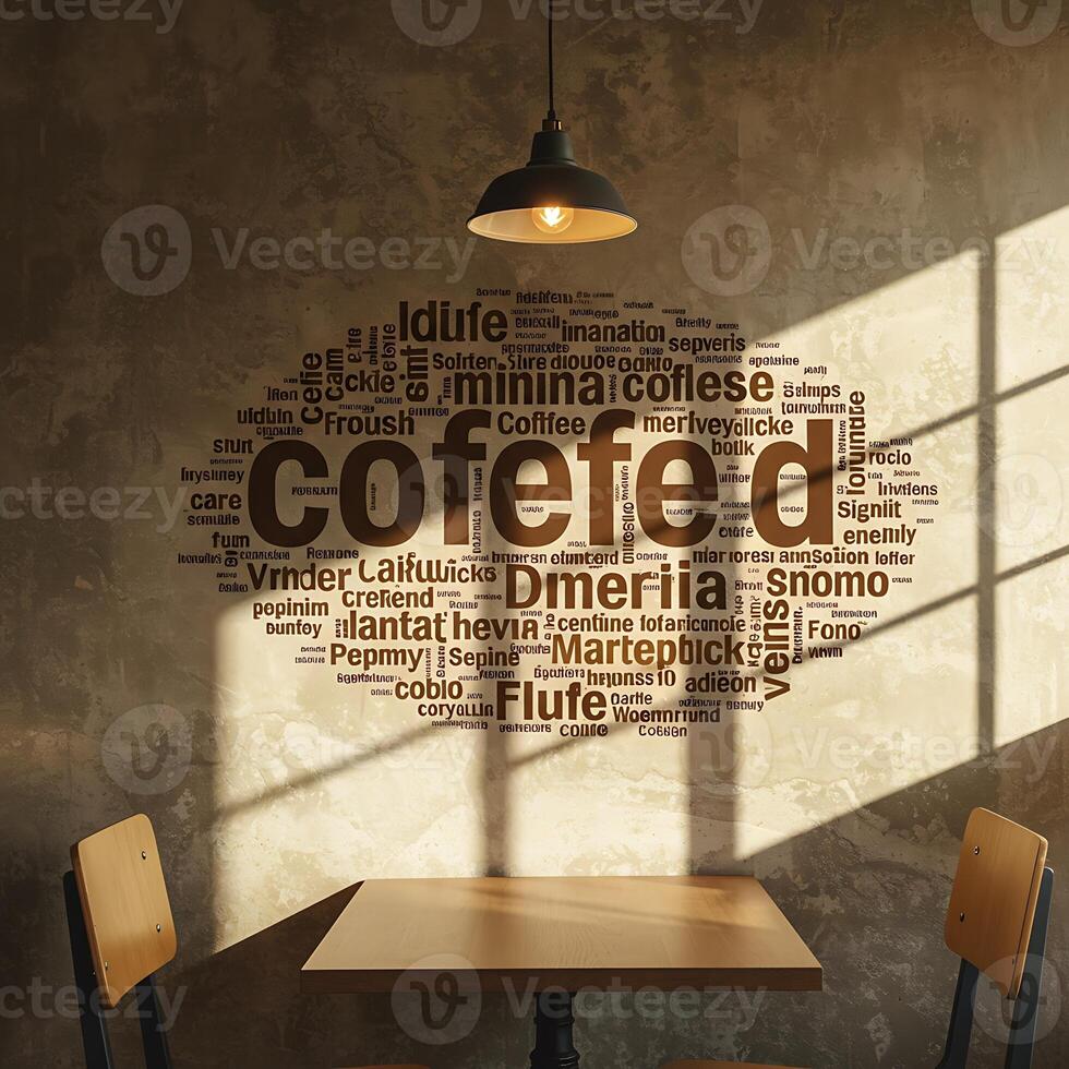 Cafe Interior with Table, Chairs, and Word Art Decor photo
