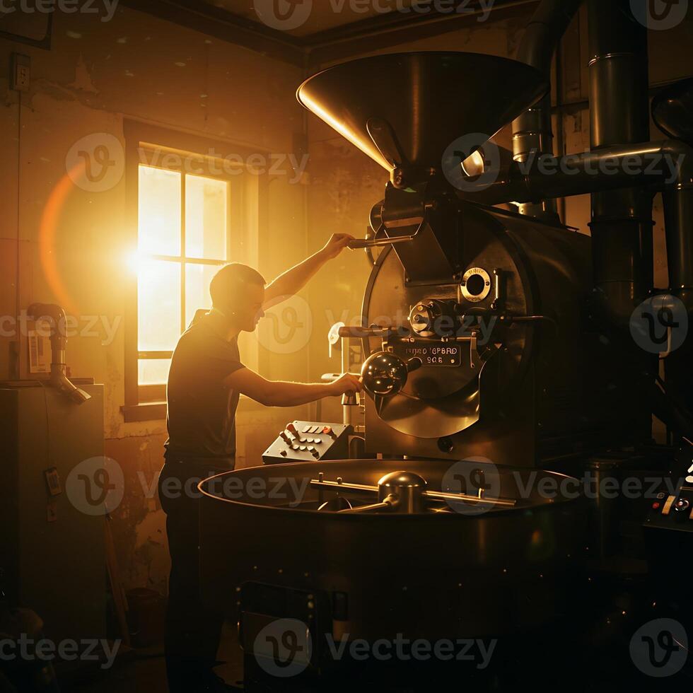 Man Operating Industrial Roasting Machine with Golden Light photo