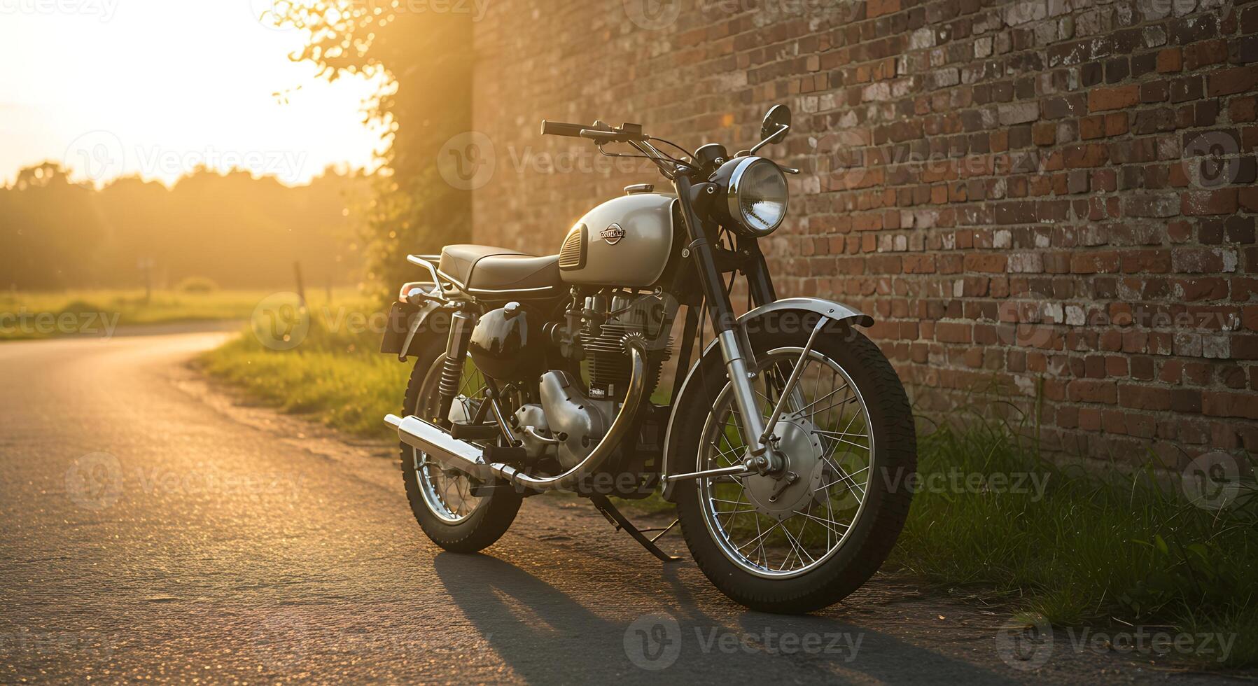 Motorcycle Parked on Roadside at Sunset with Vintage Aesthetic photo
