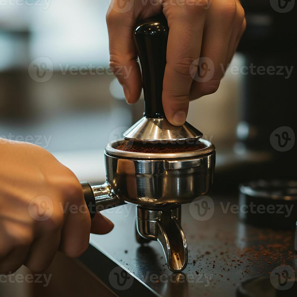 Tamping Coffee Grounds in a Portafilter for Espresso Preparation photo