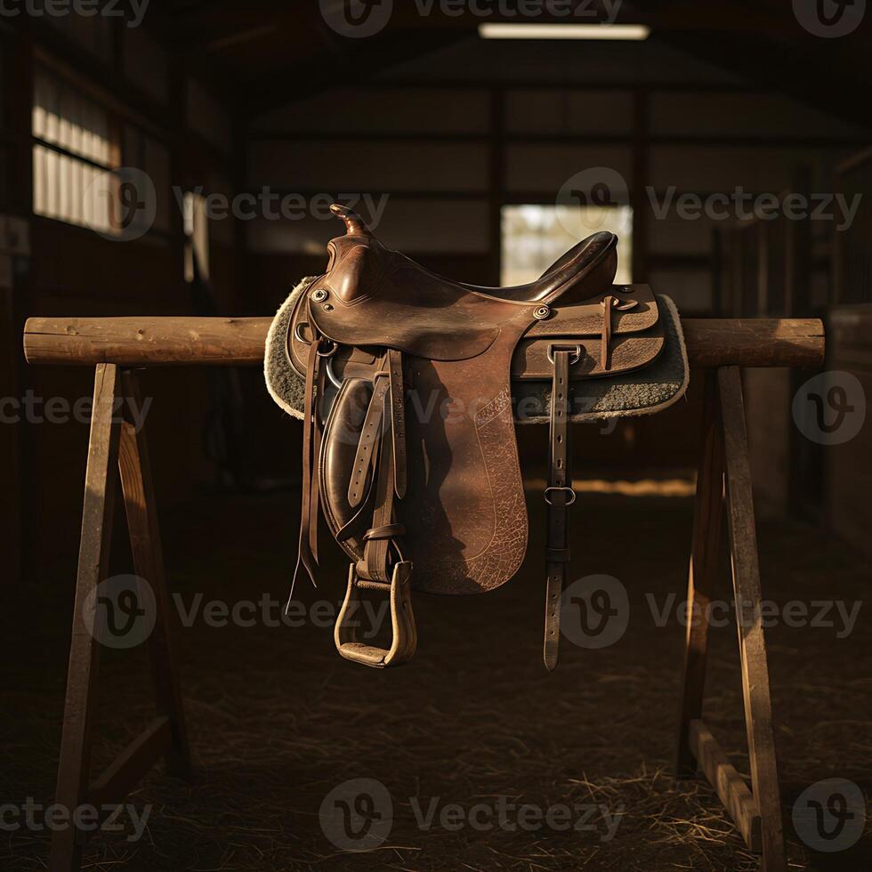 Leather Saddle Resting in Stable Interior on Wooden Stand photo