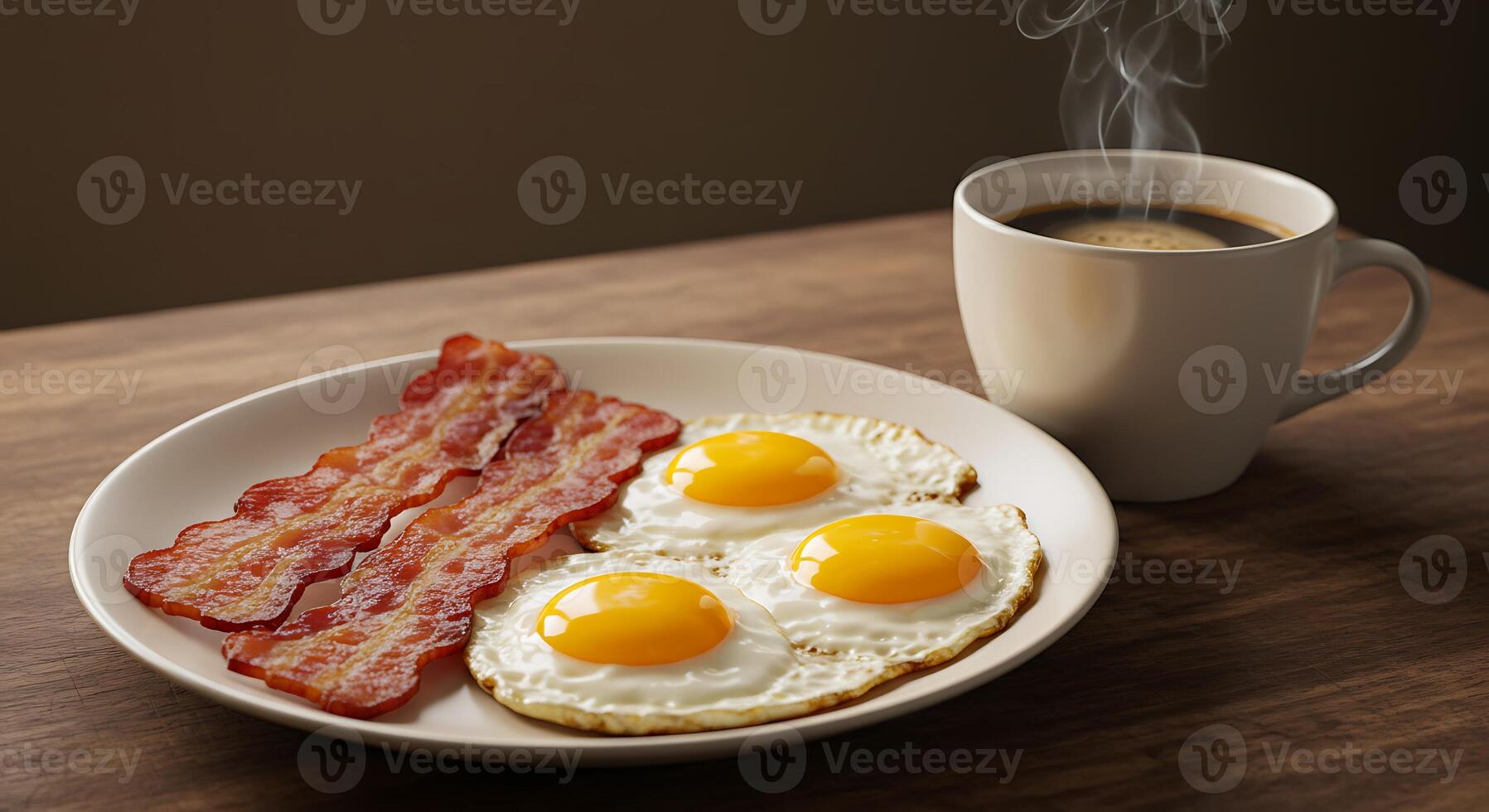 Serving Breakfast with Bacon, Fried Eggs and Hot Coffee photo