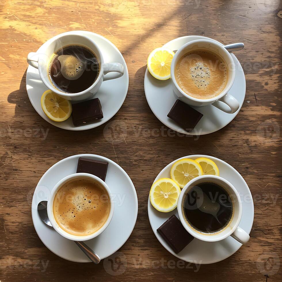Enjoying Coffee with Lemon and Chocolate on Wooden Table Top View photo