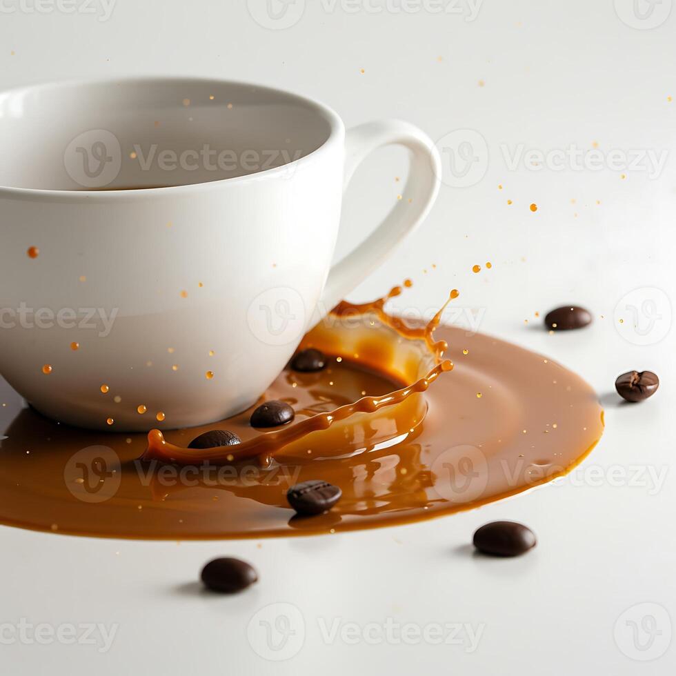 Coffee Splashing From Cup with Beans on Surface photo