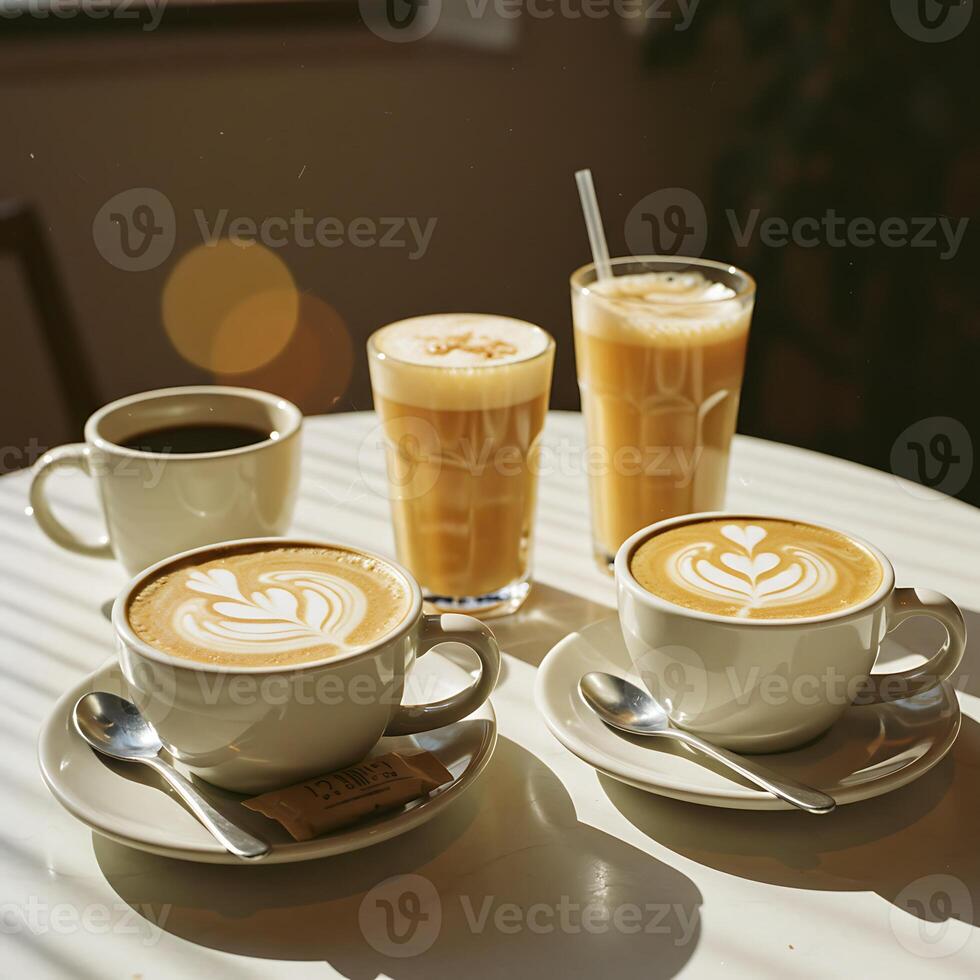Enjoying Coffee Drinks Latte Art and Iced Beverages photo