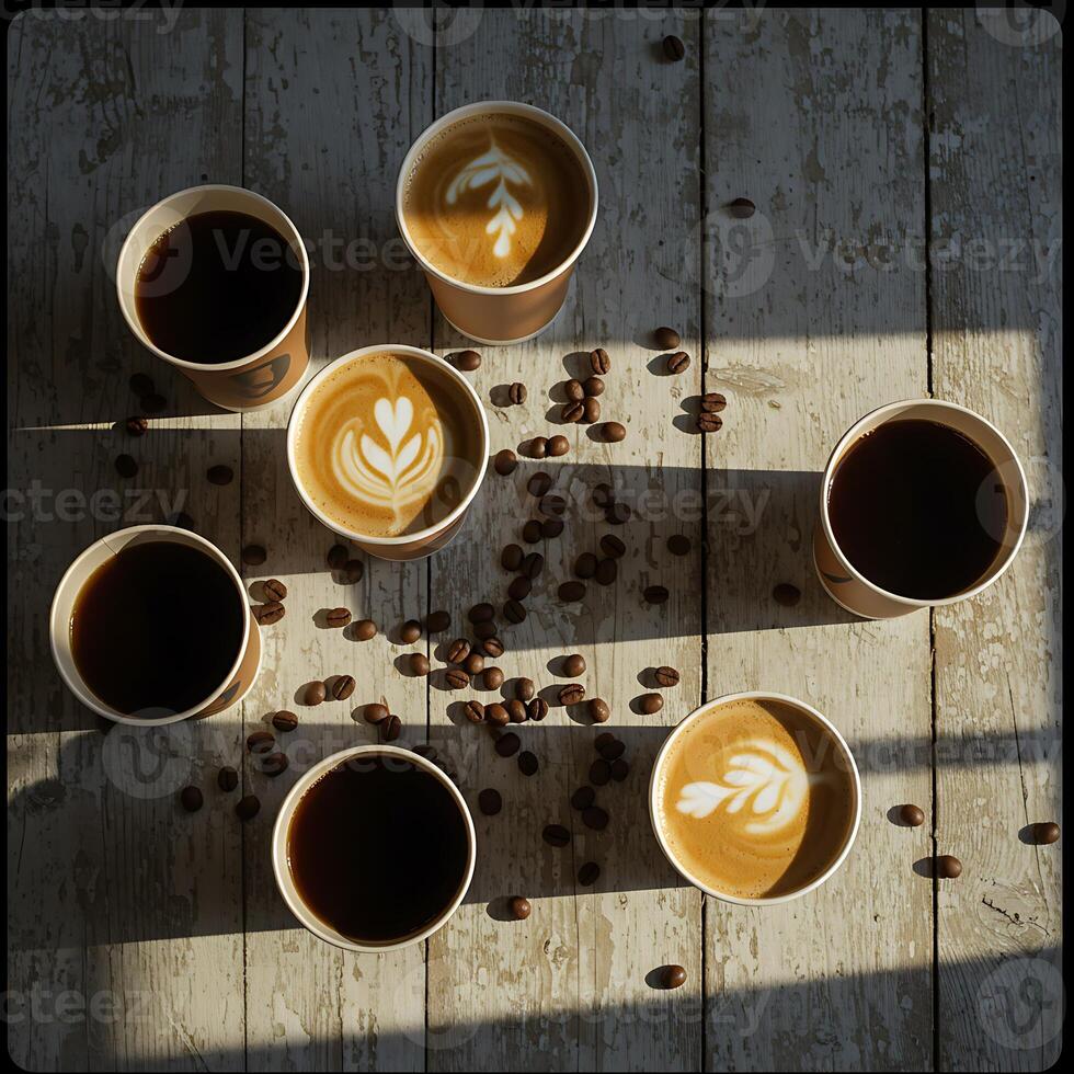 Coffee Cups with Latte Art and Coffee Beans on Rustic Wood Table photo