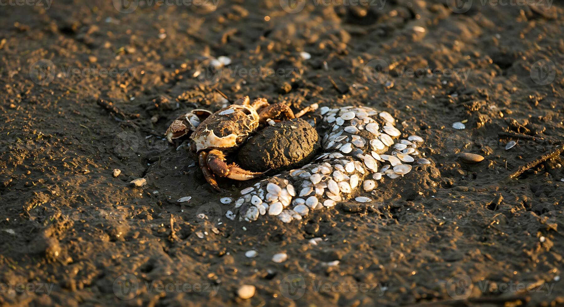 Crab Shell and Clam Shells on Mud Flat in Natural Light photo