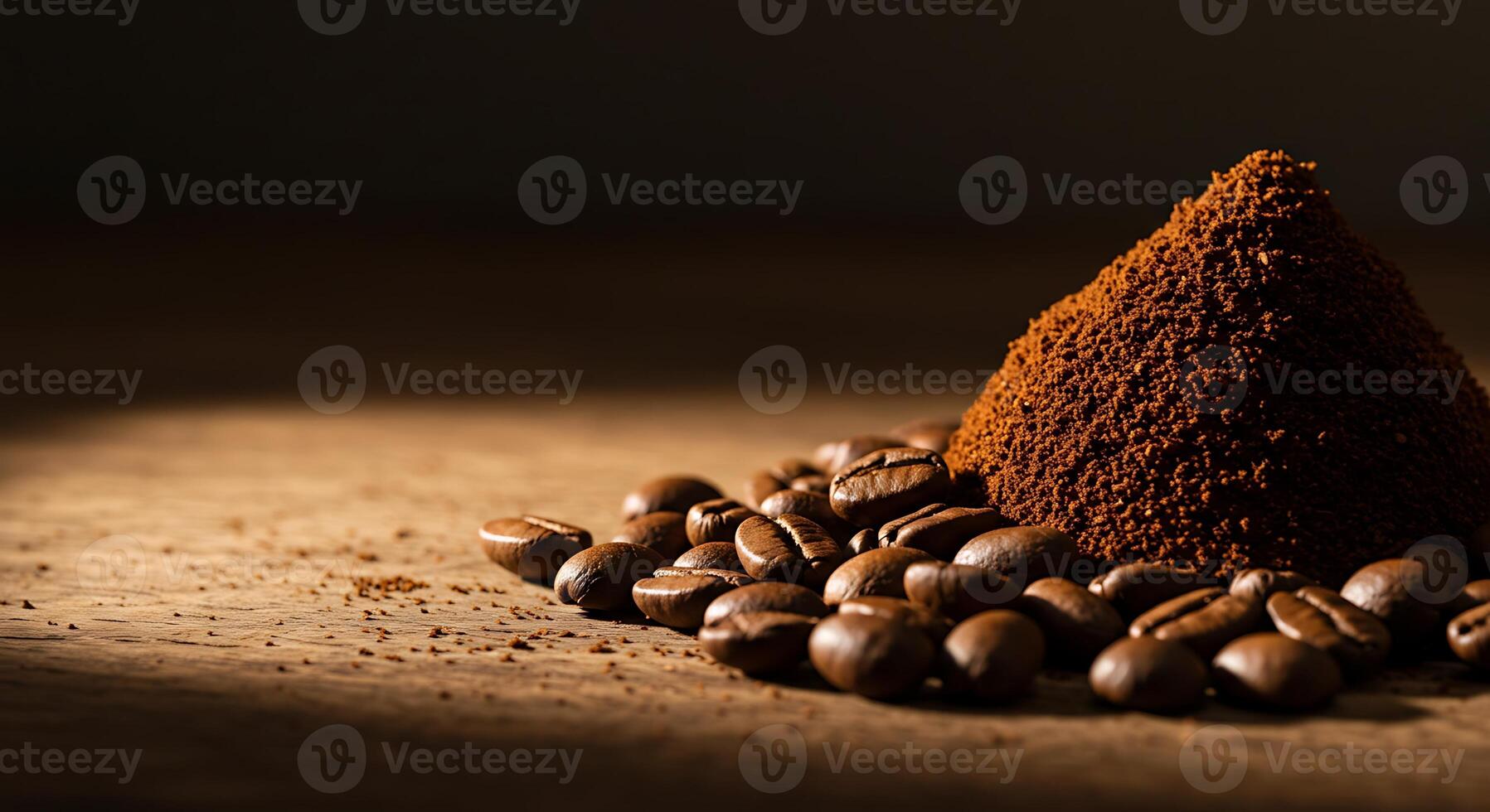 Roasted Beans and Ground Coffee on Wooden Surface in Natural Light photo