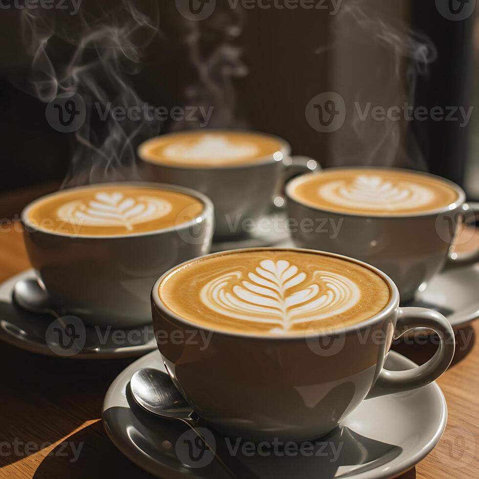 Steaming Latte Art Coffee Cups on Table, Warm Light photo