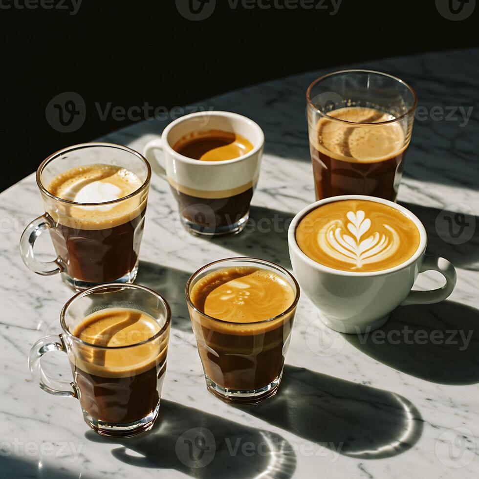 Coffee Drinks on Marble Table Various Styles of Espresso photo