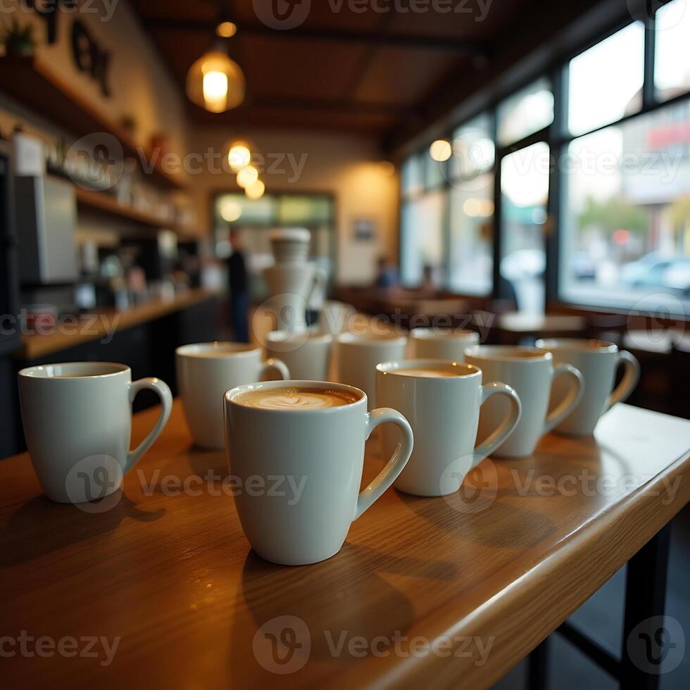 Coffee Cups with Latte Art at Cafe Counter photo