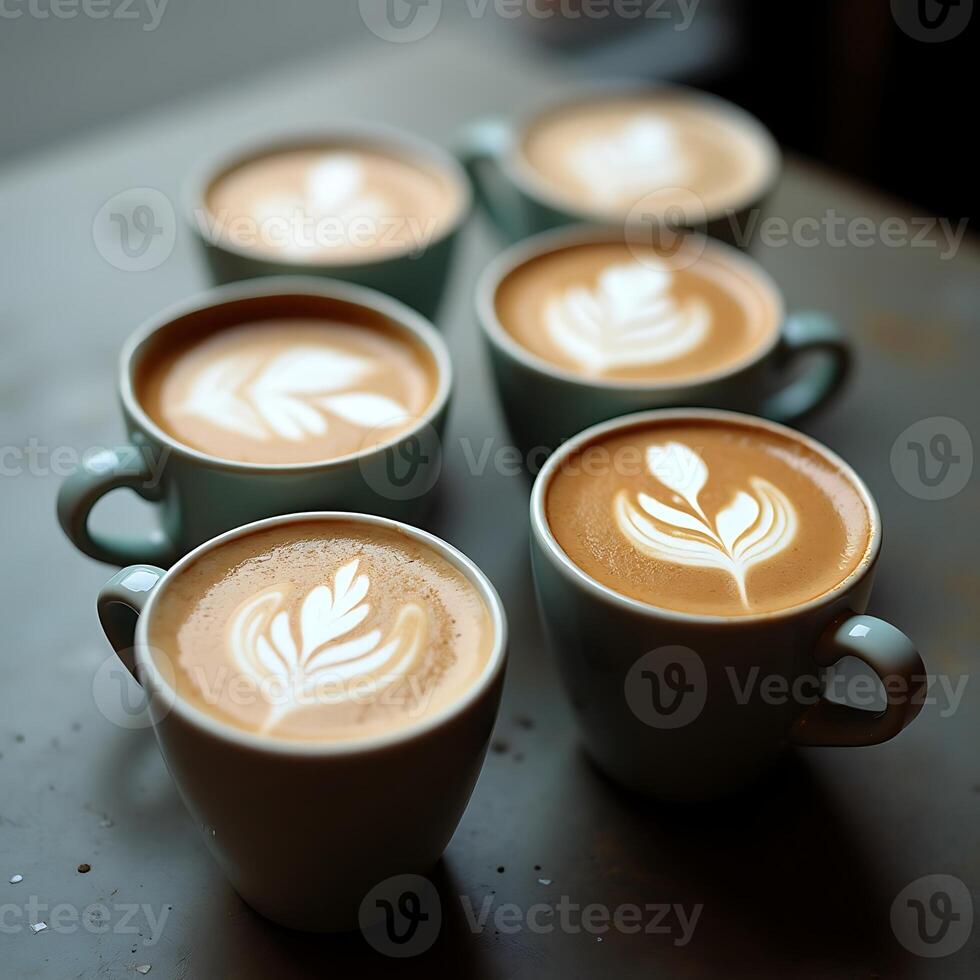 Serving Fresh Coffee Lattes with Leaf Pattern Latte Art photo