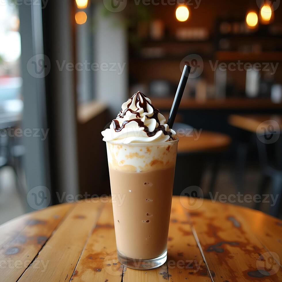 Iced Coffee Drink with Whipped Cream and Chocolate Syrup on Wood Table photo