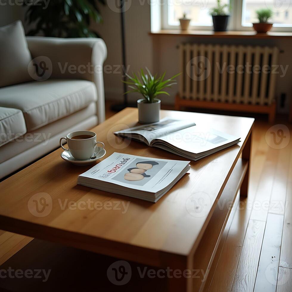 Reading Magazine with Coffee in a Cozy Living Room photo