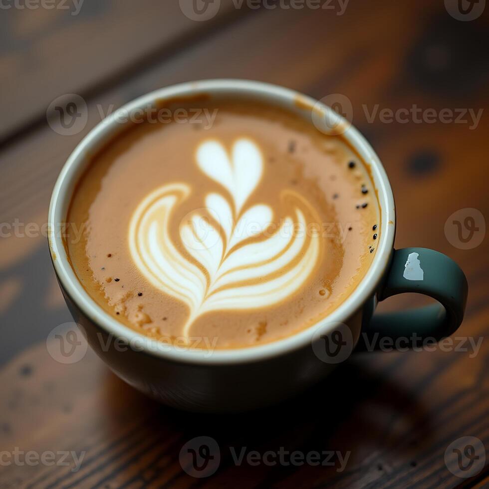 Coffee Cup with Latte Art Design on Wooden Table Surface photo