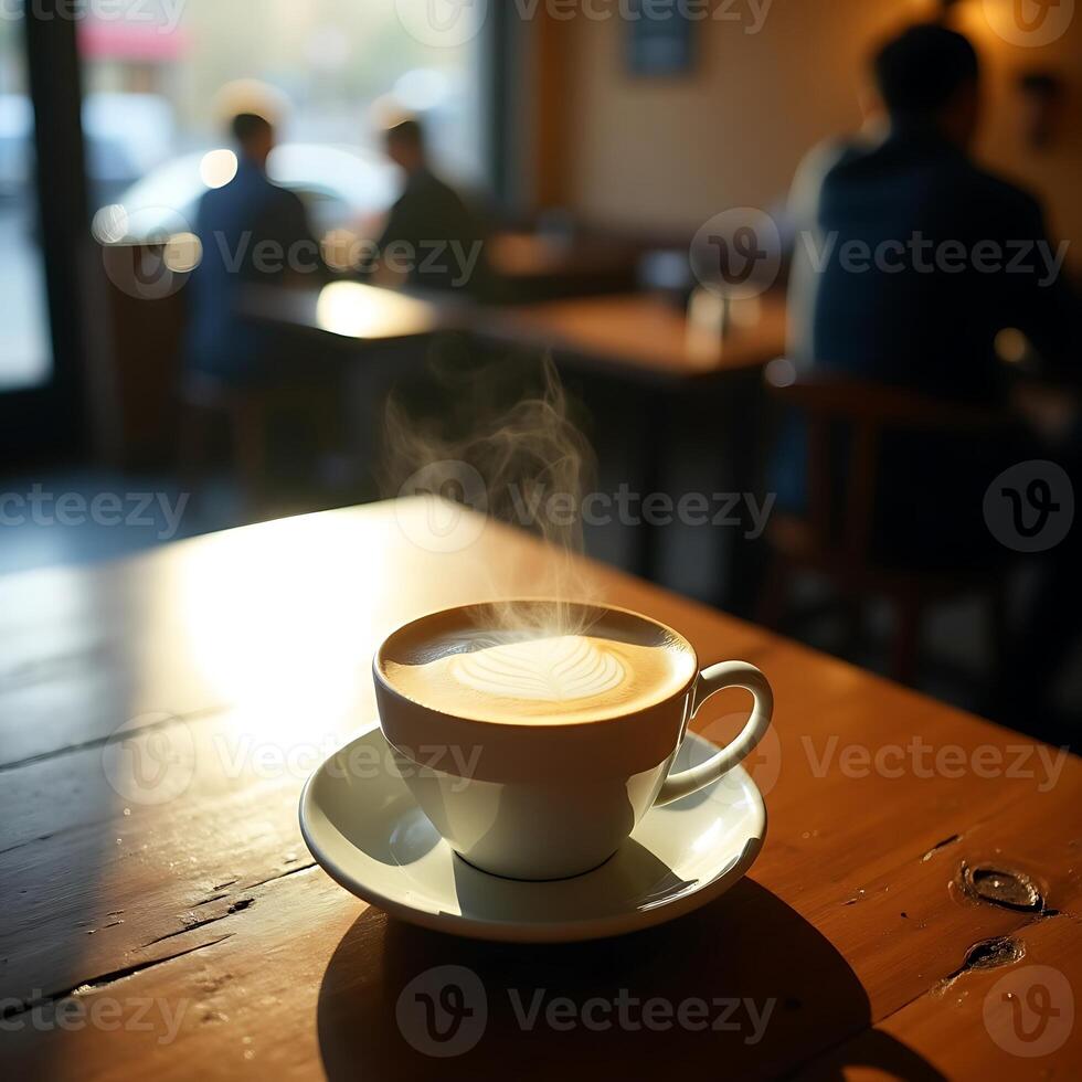 Steaming Coffee Latte Art in Cafe with Sunlight on Table photo