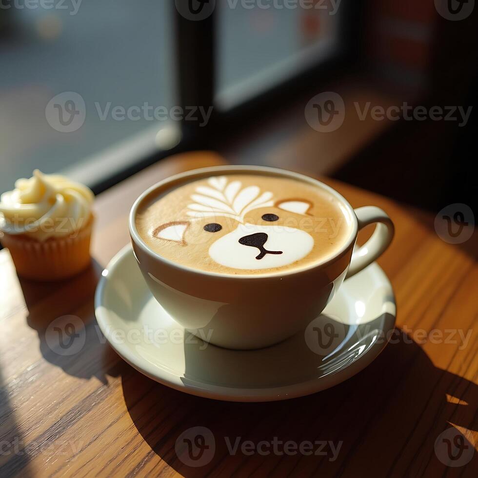 Latte Art Featuring Animal Design with Cupcake on Wooden Table photo
