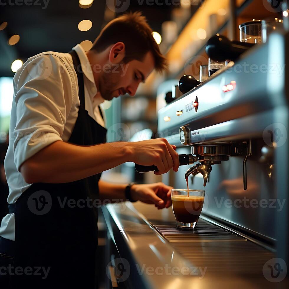 Man Preparing Espresso with Professional Machine at Cafe photo