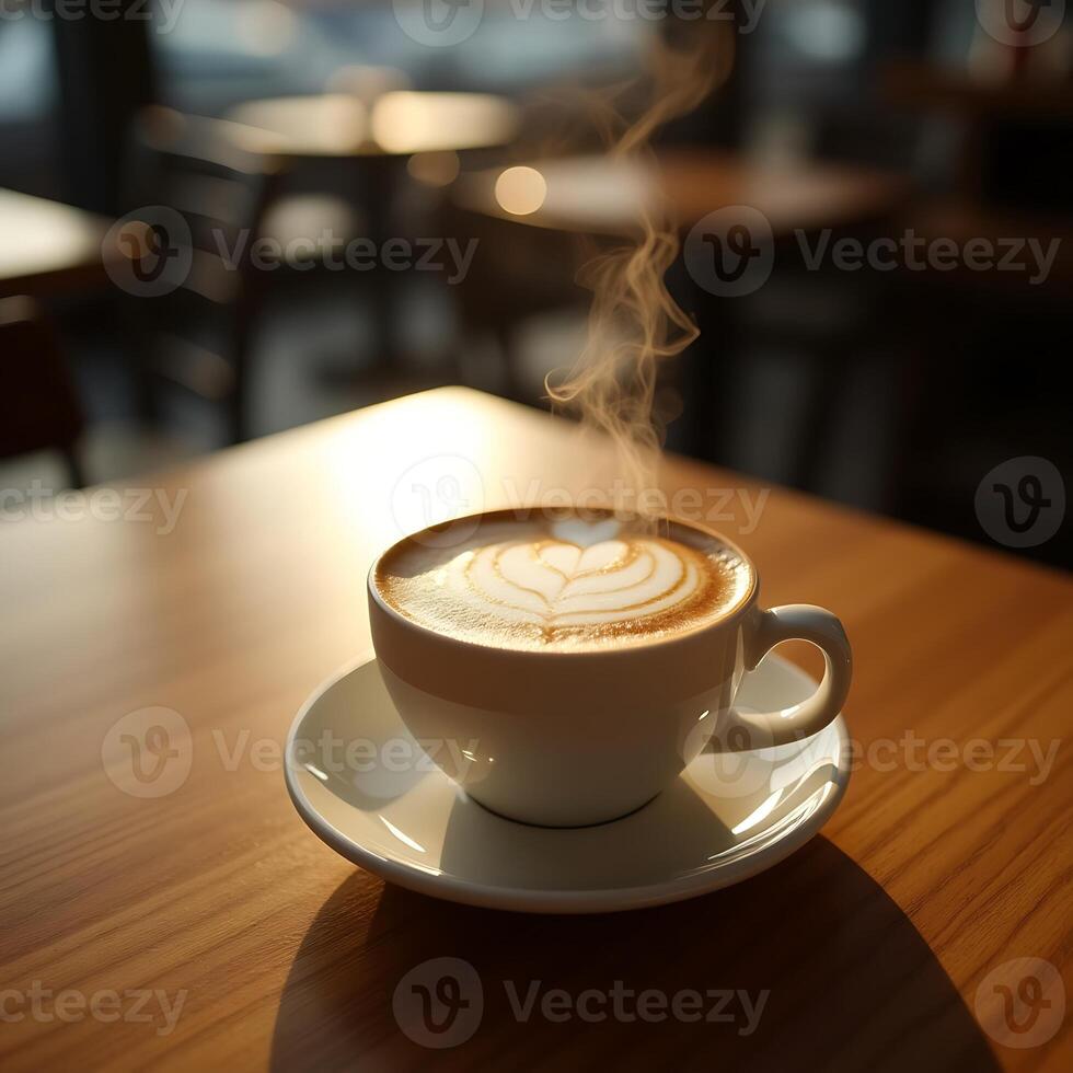 Enjoying Hot Coffee with Latte Art in Cafe Setting photo