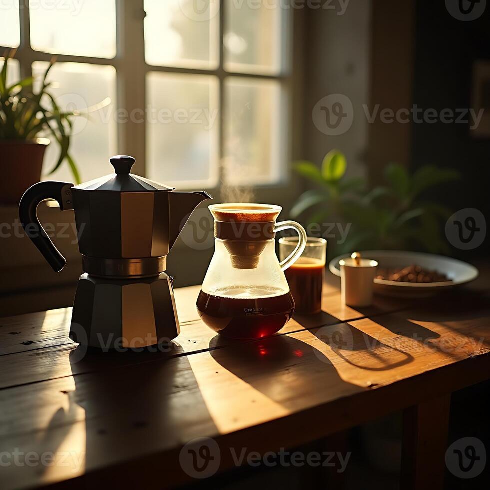 Preparing Coffee at Home with Sunlight Streaming Through Window photo