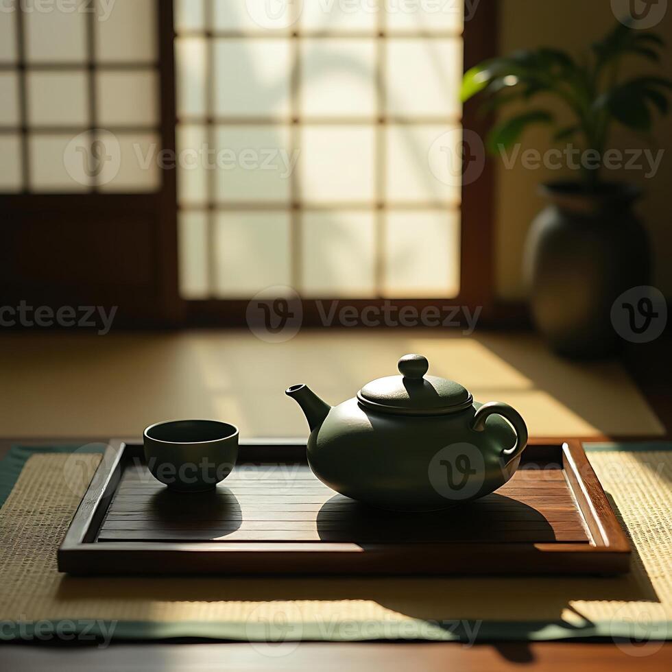 Tea Set on Tray with Sunlight in Japanese Room photo