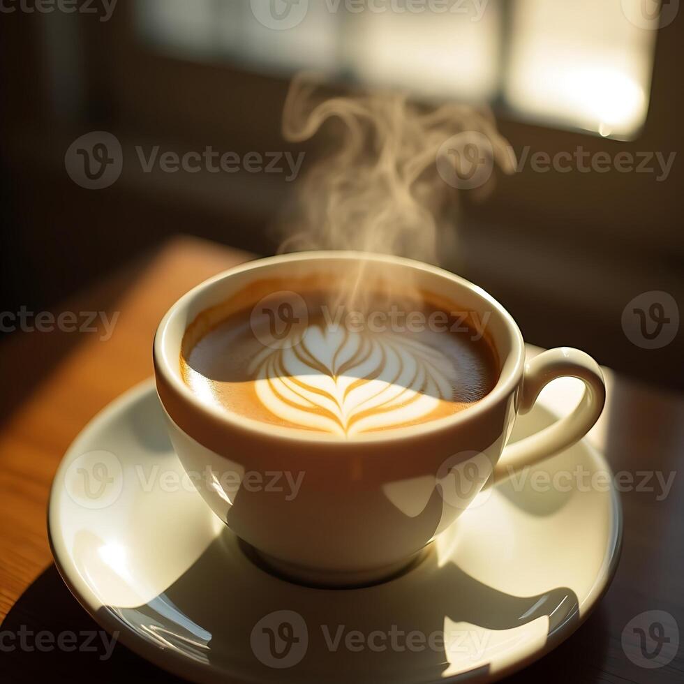 Enjoying Hot Latte with Latte Art in White Cup photo