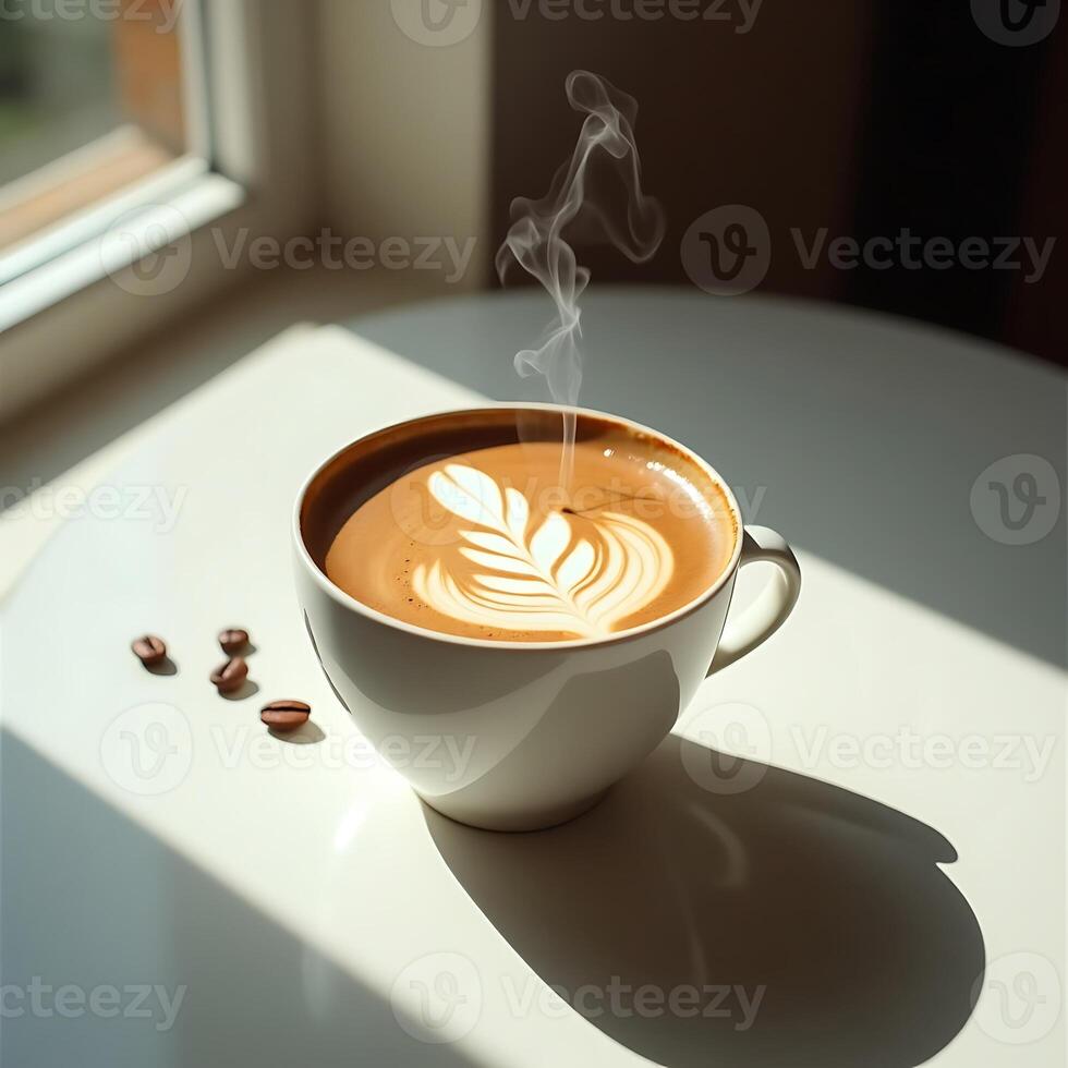 Enjoying Hot Coffee with Latte Art by the Window in the Morning photo