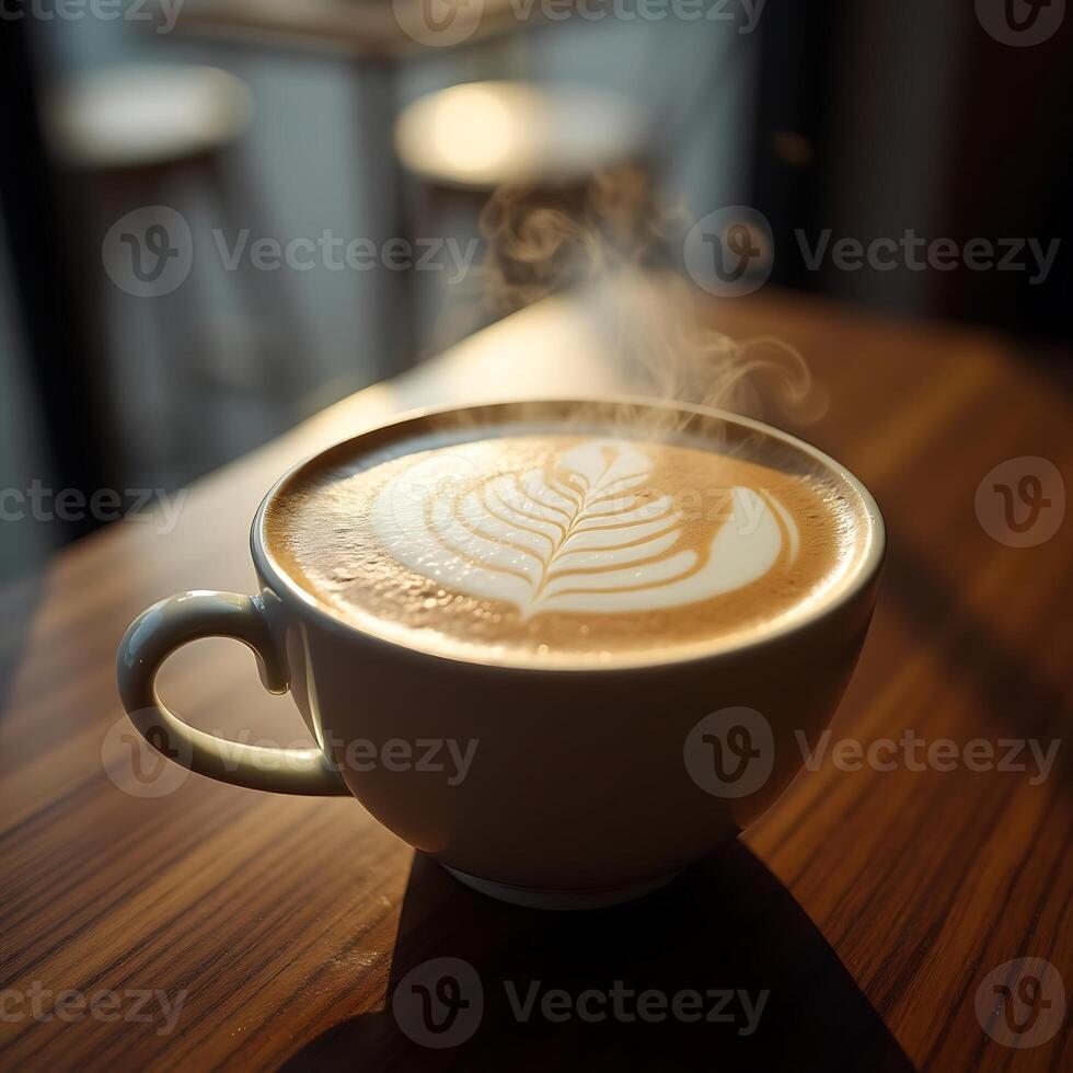 Serving Hot Coffee Latte with Leaf Design on a Wooden Table photo