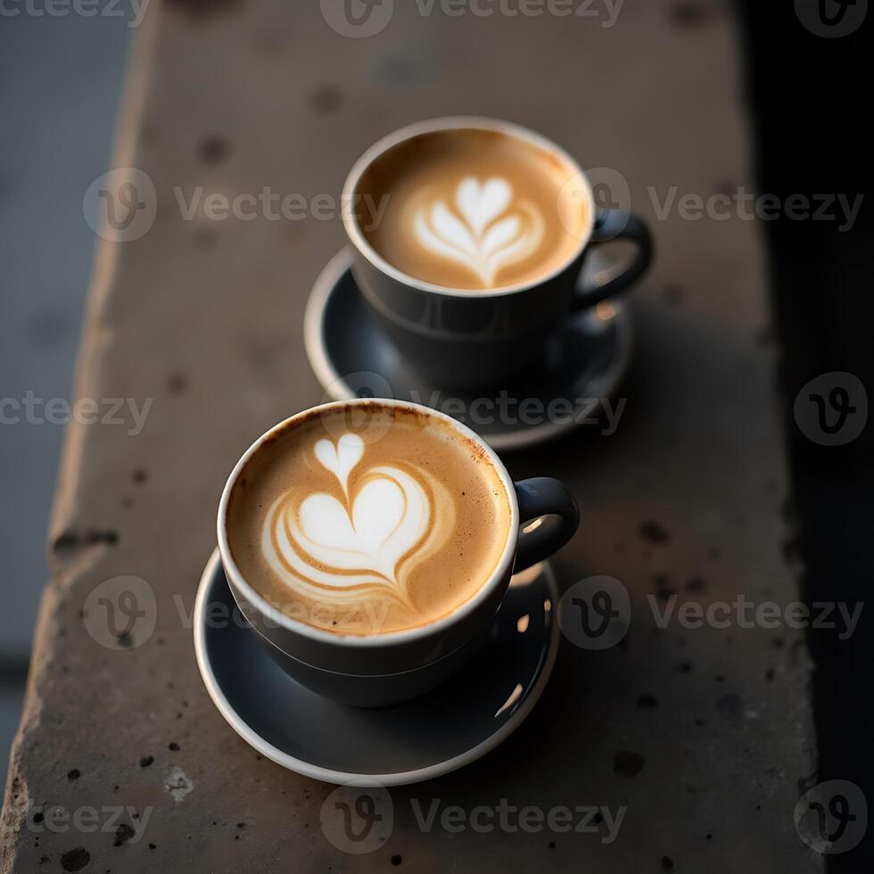 Two Coffee Cups with Latte Art Heart Designs Relaxing Coffee Break photo