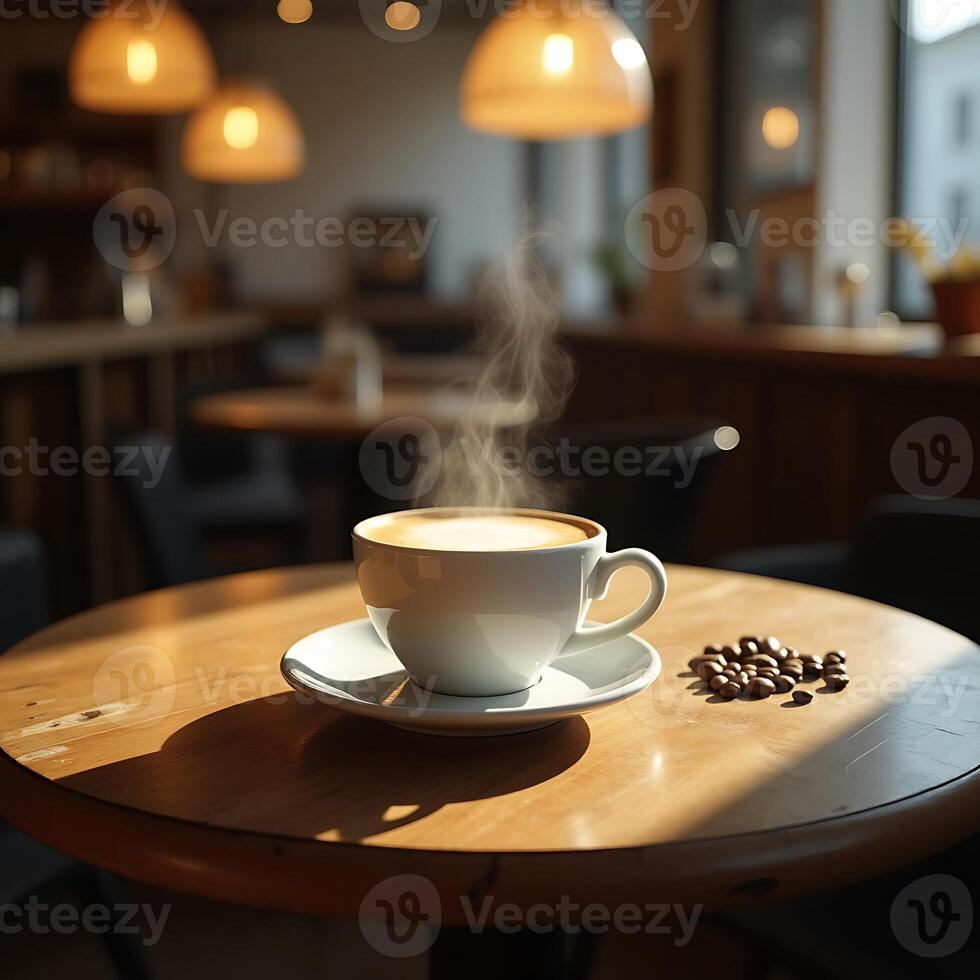 Steaming Coffee Cup on Table with Beans in Cozy Cafe photo