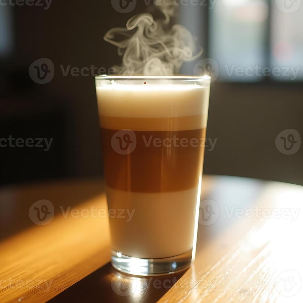 Steaming Coffee Latte in Glass on Wood Table photo