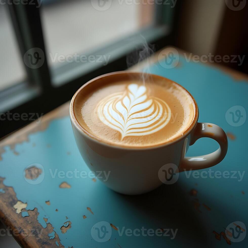 Steaming Cup of Latte Art on Rustic Blue Table by Window photo