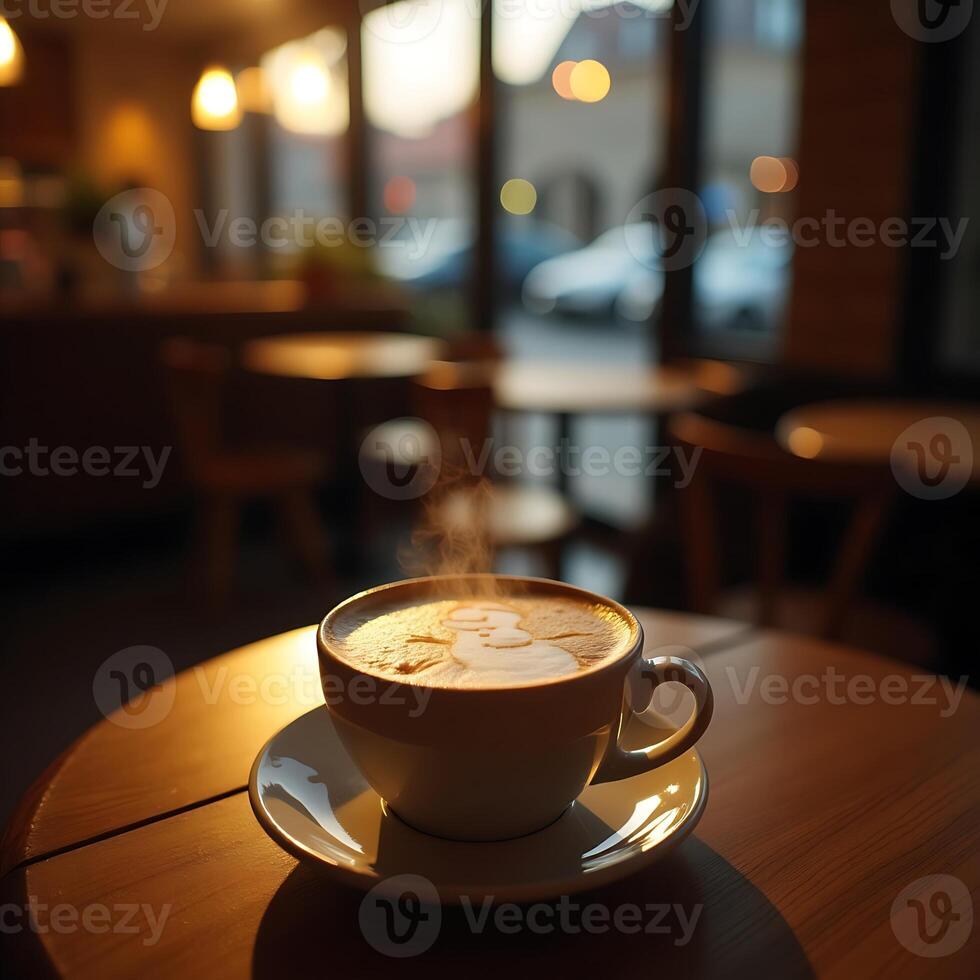 Steaming Latte Art in Cafe Setting Morning Light photo