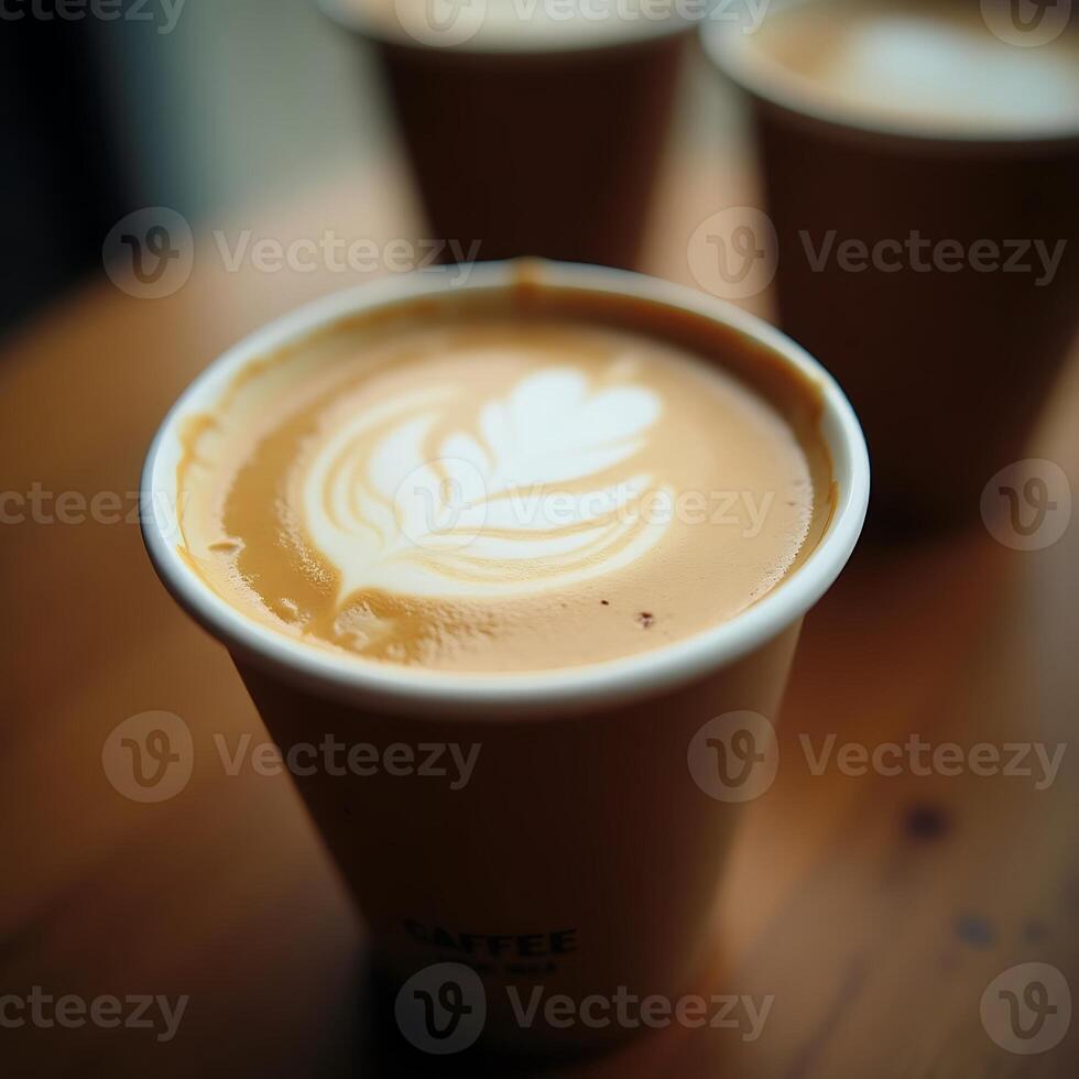 Serving Coffee Latte Art in Paper Cups on Table photo