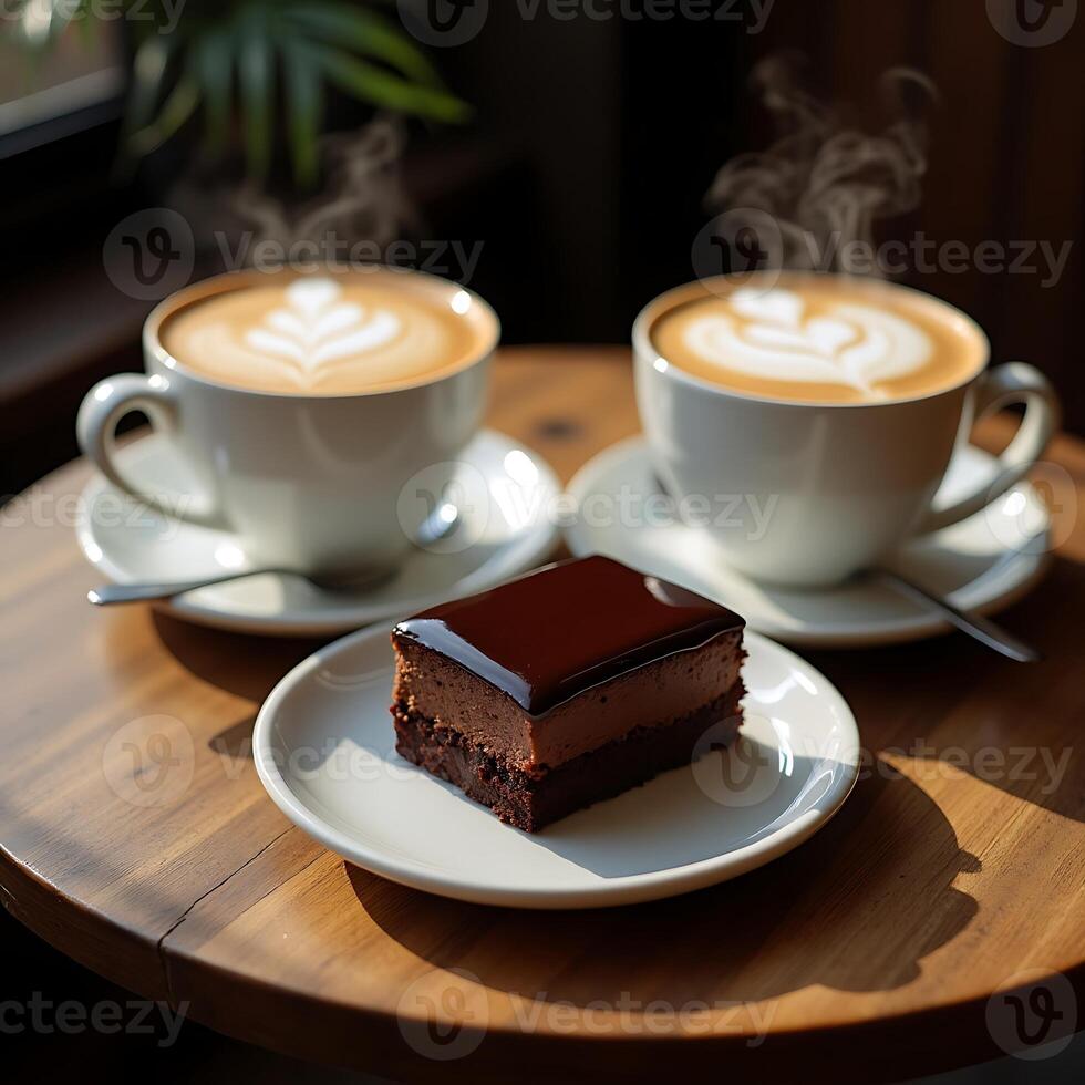 Enjoying Coffee with Chocolate Cake on a Wooden Table photo