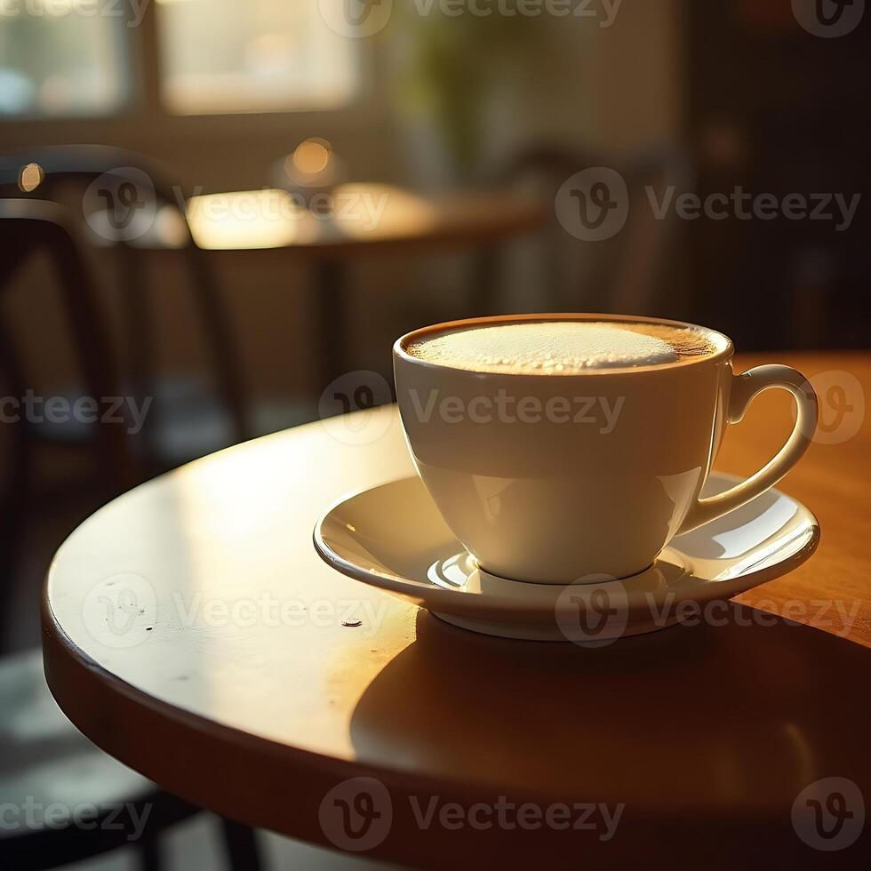 Coffee Cup with Foam Sitting on Saucer in Cafe photo