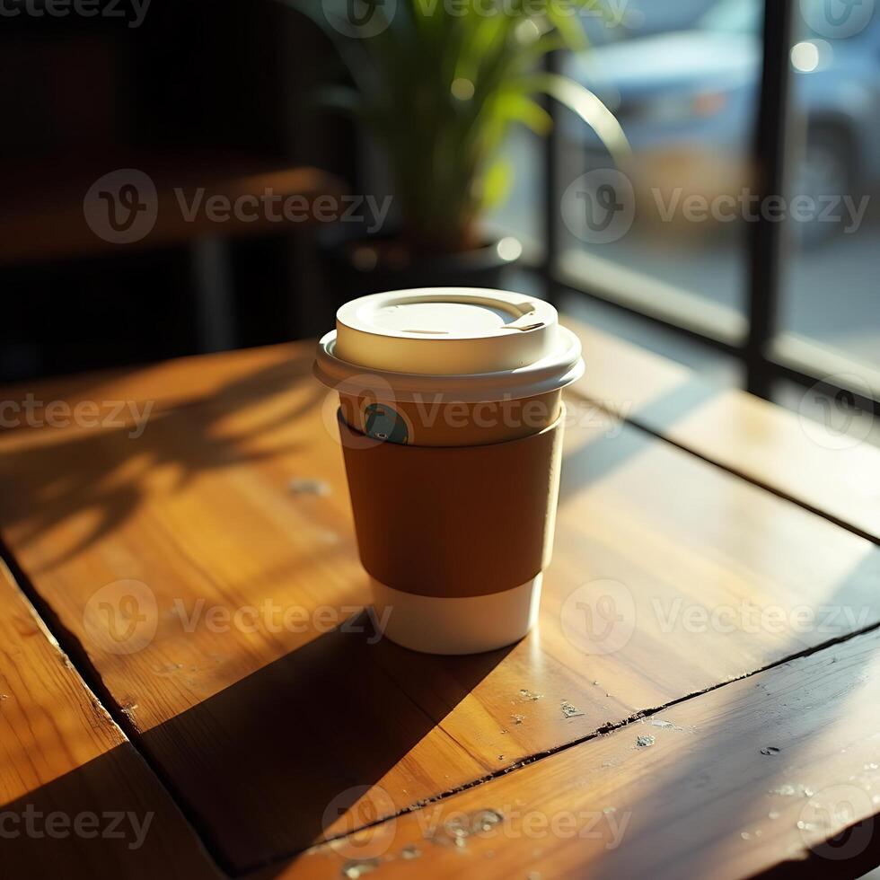 Coffee Cup on Wooden Table in Warm Sunlight Indoors photo