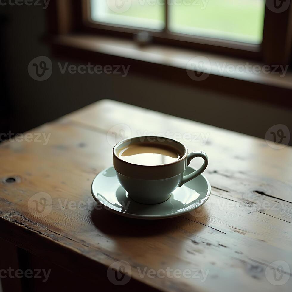 Cup of Coffee Resting on Rustic Wooden Table by Window photo