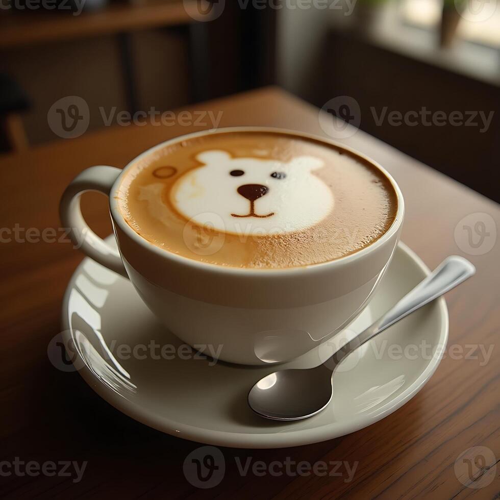 Latte Art Bear Design in White Coffee Cup with Spoon photo