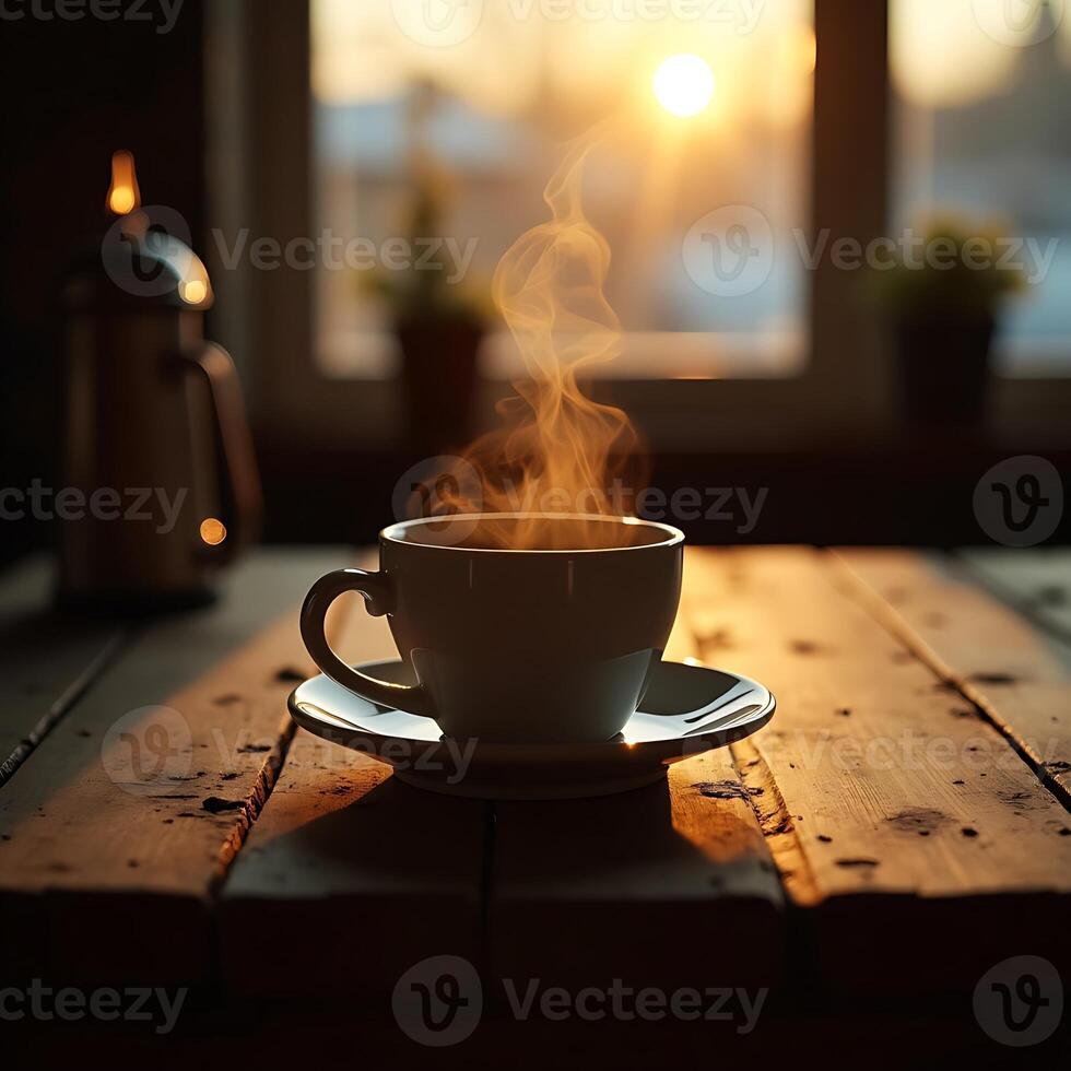 Steaming Coffee Cup on Wooden Table at Sunrise Morning photo