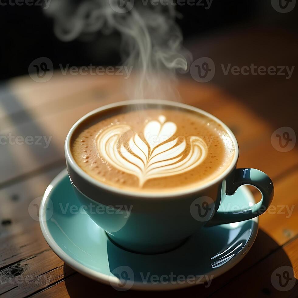Coffee Latte Art in Cup Steaming on Table photo
