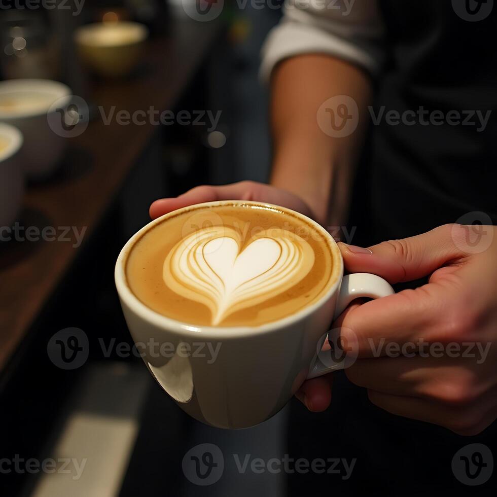 Holding Coffee Cup with Heart Latte Art Close Up photo
