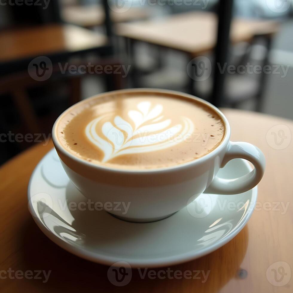 Serving Latte with Art on Table at Cafe photo