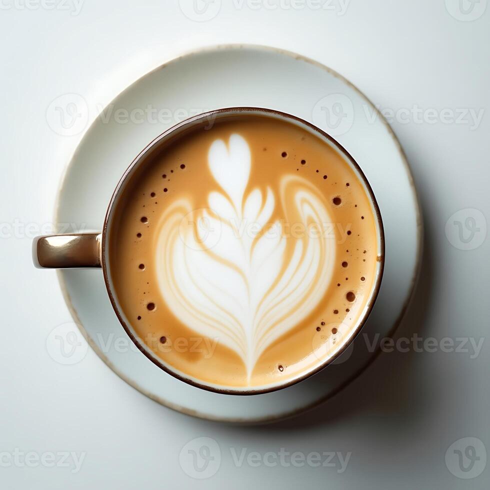 Latte Art Coffee in Cup with Floral Design on Saucer From Above photo